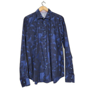Men's Bugatchi Uomo Shaped Fit Navy Blue Geometric Long Sleeve Shirt - Large